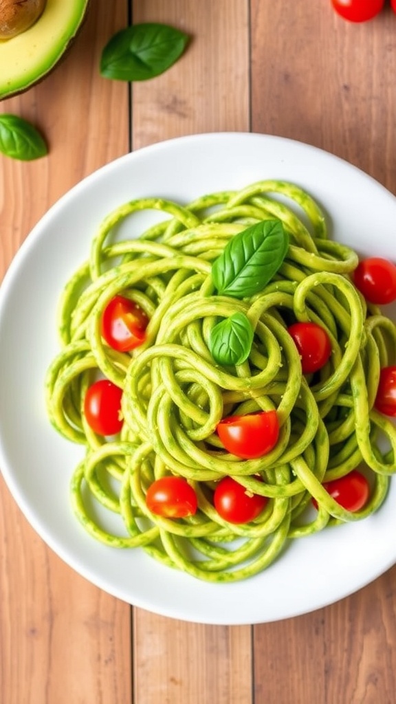 A fresh plate of zoodles with creamy avocado pesto, garnished with basil and cherry tomatoes.